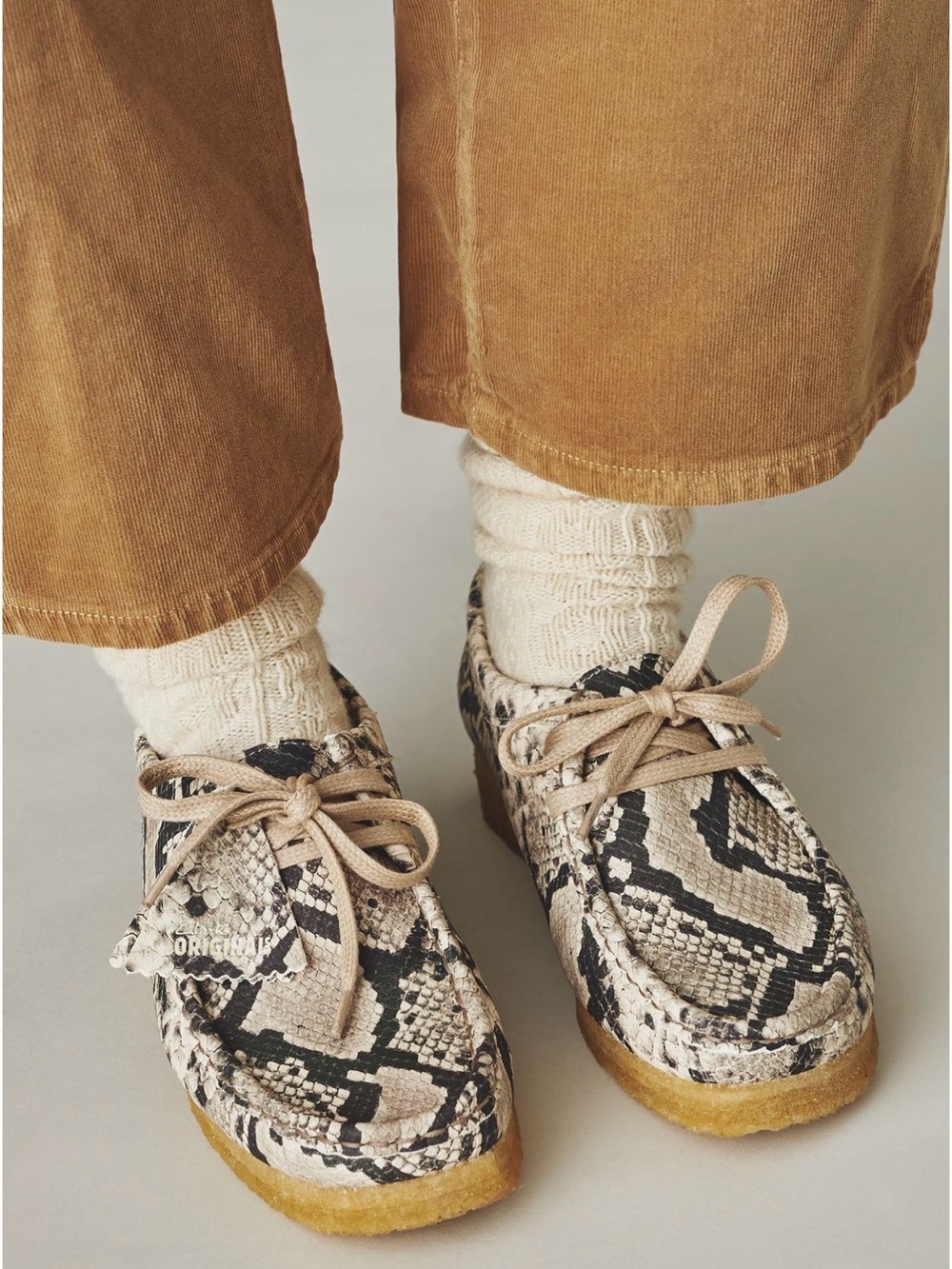 Clarks Snake-Print Moccasins in Taupe and Black